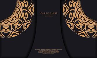 Black banner template with luxury orange ornaments and place for your logo and text. Template for postcard print design with Greek patterns. vector