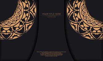 Black banner template with luxury orange ornaments and place for your logo and text. Template for postcard print design with Greek patterns. vector