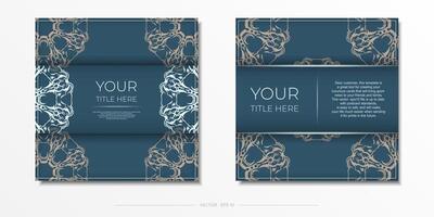 Square Vector Preparation of blue color postcards with luxury light ornaments. Template for design printable invitation card with vintage patterns.