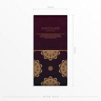 Luxurious burgundy postcard with vintage ornament. Vector design of invitation card with mandala patterns.