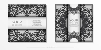 White postcard template with black patterns. Print-ready invitation design vector