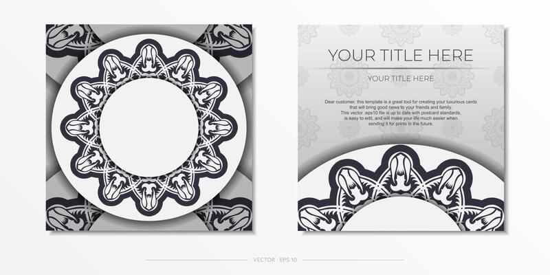 Vintage White color postcard template with abstract ornament. Print-ready invitation design with vintage patterns.