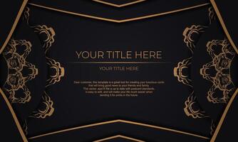 Black vector banner with luxury gold ornaments and place for your text. Template for design printable invitation card with vintage patterns.