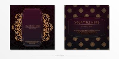 Luxurious preparation of postcards in burgundy color with vintage ornaments. Template for design printable invitation card with mandala patterns. vector