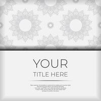 White postcard template with black patterns. Print-ready invitation design with mandala ornament. vector