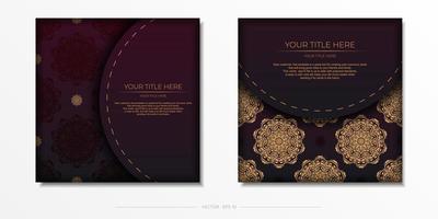 This is a vector Prepare postcard in burgundy color with vintage ornaments. Template for design printable invitation card with mandala patterns.