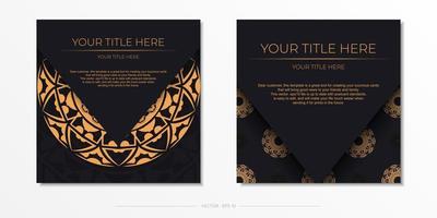 Ready-to-print design of a postcard in black color with orange ornaments. Invitation template with space for your text and abstract patterns. vector