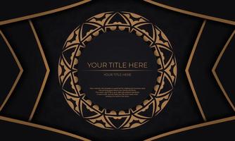 Black vector background with luxury orange ornaments and place for your logo. Postcard design with Greek ornaments.