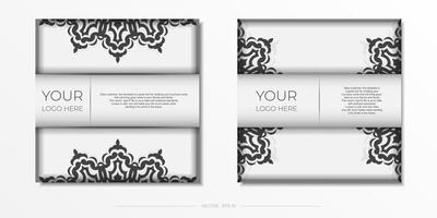 White postcard template with black patterns. Print-ready invitation design vector