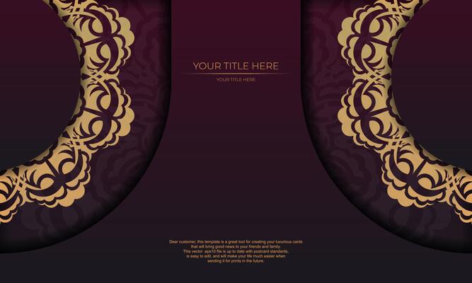 Burgundy banner template with vintage ornaments and place for your design. Invitation card design with mandala patterns.