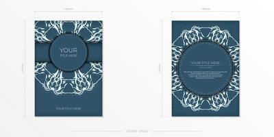 Rectangular Preparing a blue postcard with a luxurious light ornamentation. Vector Template for printing design invitation card with vintage patterns.