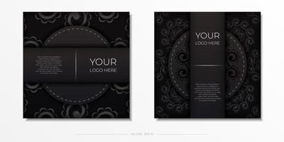 Square Preparing postcards in black with Indian ornaments. Vector Template for printable design of invitation card with mandala patterns.