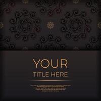 Square Postcard template in black color with Indian patterns. Print-ready invitation design with mandala ornament. vector