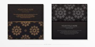 Square Vector Black color postcard template with Indian patterns. Print-ready invitation design with mandala ornament.