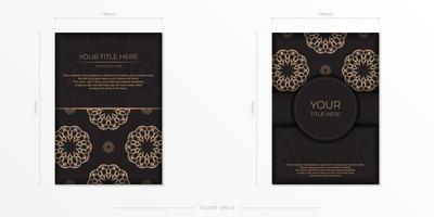 Rectangular postcard design in black with luxurious patterns. Vector invitation card with vintage ornament.