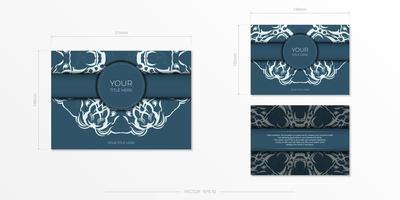 Rectangular Vector postcards in light blue color with luxurious light patterns. Invitation card design with vintage ornament.