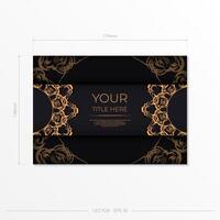 Rectangular Black Postcard Template with Luxurious Gold Patterns. Print-ready invitation design with vintage ornaments. vector