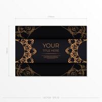 Rectangular Black Postcard Template with Luxurious Gold Patterns. Print-ready invitation design with vintage ornaments. vector