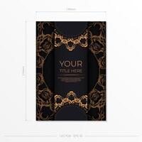 Rectangular Black Postcard Template with Luxurious Gold Patterns. Print-ready invitation design with vintage ornaments. vector