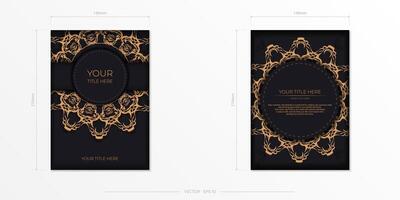 Rectangular Preparing postcards in black with luxurious gold ornaments. Vector Template for printing design invitation card with vintage patterns.