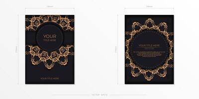 Rectangular Preparing postcards in black with luxurious gold ornaments. Vector Template for printing design invitation card with vintage patterns.