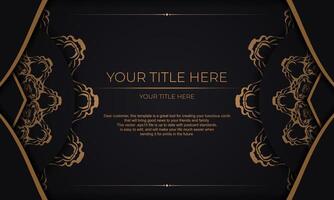 Black banner with luxury gold ornaments for your design. Vector design of invitation card with vintage patterns.