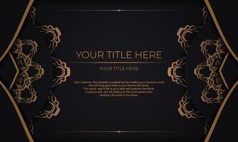 Black banner with luxury gold ornaments for your design. Vector design of invitation card with vintage patterns.