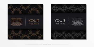 Square postcards in black with luxurious gold ornaments. Vector design of invitation card with vintage patterns.