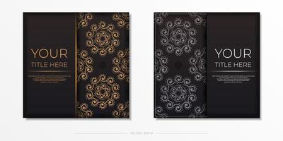 Square Vector Black color postcard template with Indian patterns. Print-ready invitation design with mandala ornament.