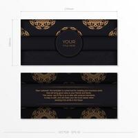 Ready-to-print postcard design in black color with orange patterns. Invitation card template with place for your text and abstract ornament. vector