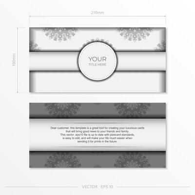 Stylish Ready-to-print white postcard design with luxurious Greek patterns. Invitation card template with vintage ornament.