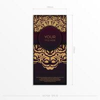 Luxurious preparation of postcards in burgundy color with vintage ornaments. Vector Template for printable design of invitation card with mandala patterns.