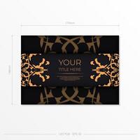 Stylish postcard in black with Indian ornaments. Vector design of invitation card with mandala patterns.