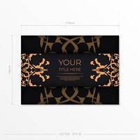 Stylish postcard in black with Indian ornaments. Vector design of invitation card with mandala patterns.