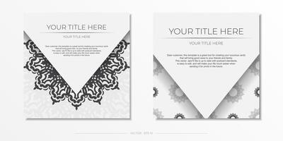 White color postcard template with black ornaments. Print-ready invitation design with mandala patterns. vector