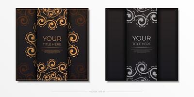 Square vector postcards in black color with Indian patterns. Invitation card design with mandala ornament.