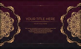 Burgundy vector banner with vintage ornaments and place for your text. Template for design printable invitation card with mandala patterns.