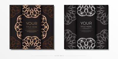 Square postcard design in black color with luxurious patterns. Vector invitation card with vintage ornament.