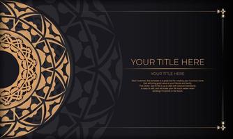 Black banner with luxurious orange ornaments and place for your logo. Template for postcard print design with Greek patterns. vector