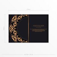 Vector Ready to print postcard design in black color with orange patterns. Invitation card template with place for your text and abstract ornament.