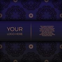 Stylish Template for postcard print design in purple color with luxurious Greek patterns. Preparing an invitation card with vintage ornaments. vector