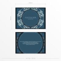 Rectangular Vector Blue color postcard template with luxurious light patterns. Print-ready invitation design with vintage ornaments.