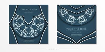 Square postcard in blue color with a luxurious light ornament. Vector design of invitation card with vintage patterns.