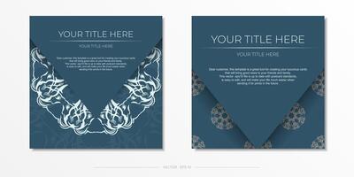 Blue square vector greeting cards with luxurious light patterns. Invitation card design with vintage ornament.