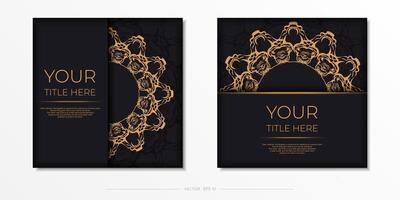 Square vector postcards in black color with luxury gold ornaments. Invitation card design with vintage patterns.