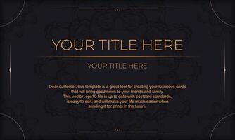 Black banner template with luxury gold ornaments and place for your text. Print-ready invitation design with vintage ornaments. vector