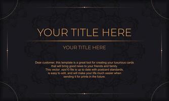 Black banner template with luxury gold ornaments and place for your text. Print-ready invitation design with vintage ornaments. vector