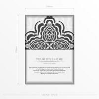 Luxurious postcard White colors with Indian ornaments. Vector design of invitation card with mandala patterns.