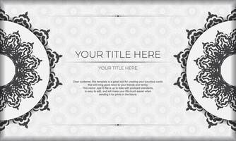 banner vectorial blanco con adornos negros y lugar debajo del texto. plantilla para tarjeta de invitación de diseño de impresión con adorno de mandala. vector