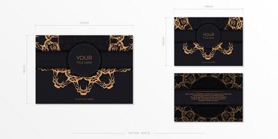 Rectangular Vector postcards in black with luxurious gold patterns. Invitation card design with vintage ornament.